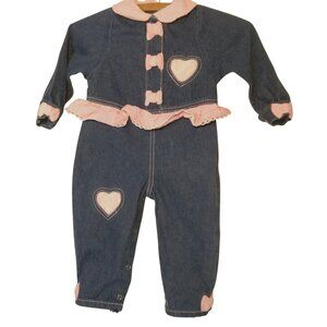Vintage Doe Spun Baby Jumper Outfit 18 Mos Blue Denim Jean Pink Heart Ruffle